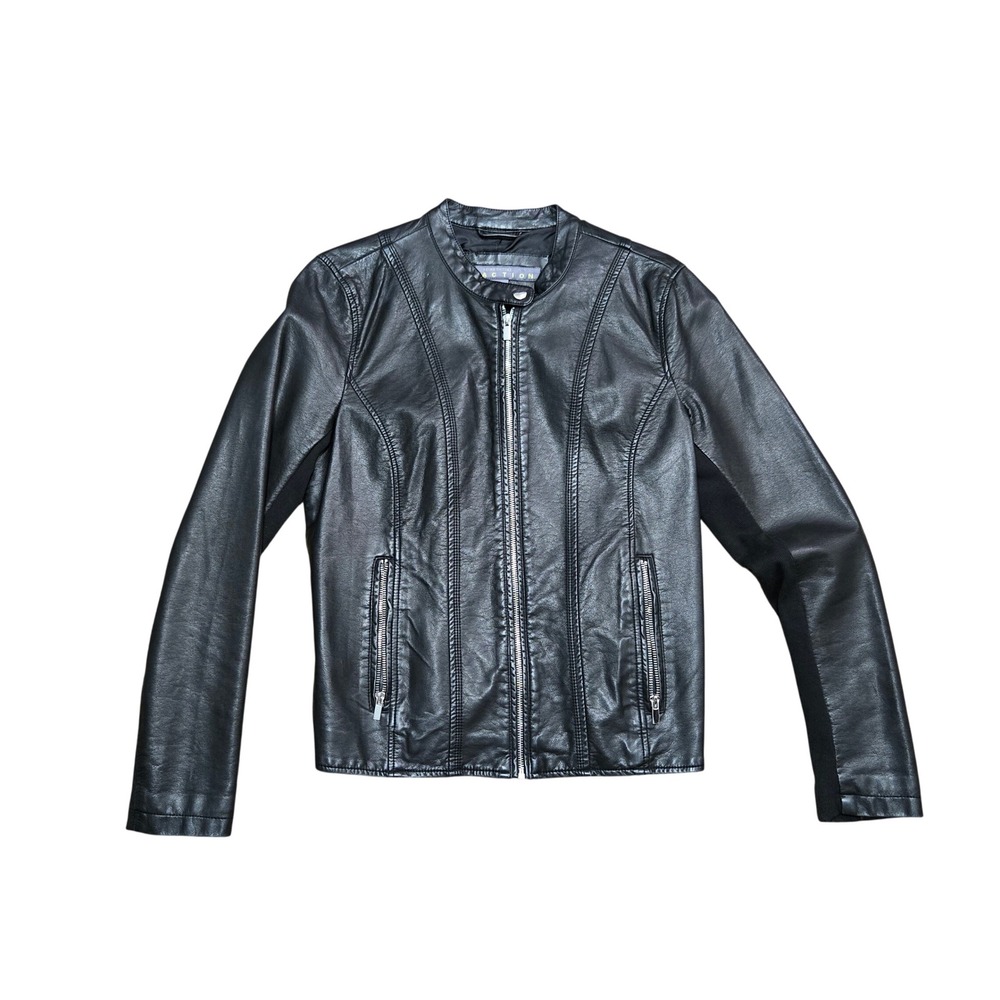 Kenneth Cole Reaction Womens Black Faux Leather Moto Jacket Ribbed Sleeve L/G